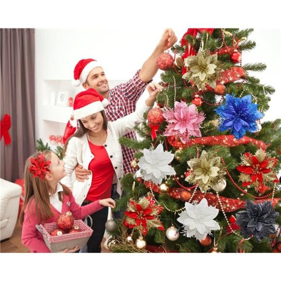 12 Pcs Poinsettia Artificial Christmas Flowers Decorations with Clips and Stems - Picture 6 of 7